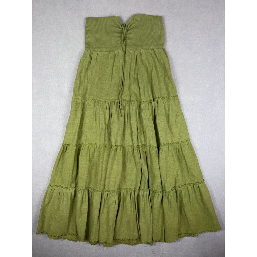 Twenty One Green Tiered Maxi Skirt Elastic Waist Textured Cotton Linen Look Boho